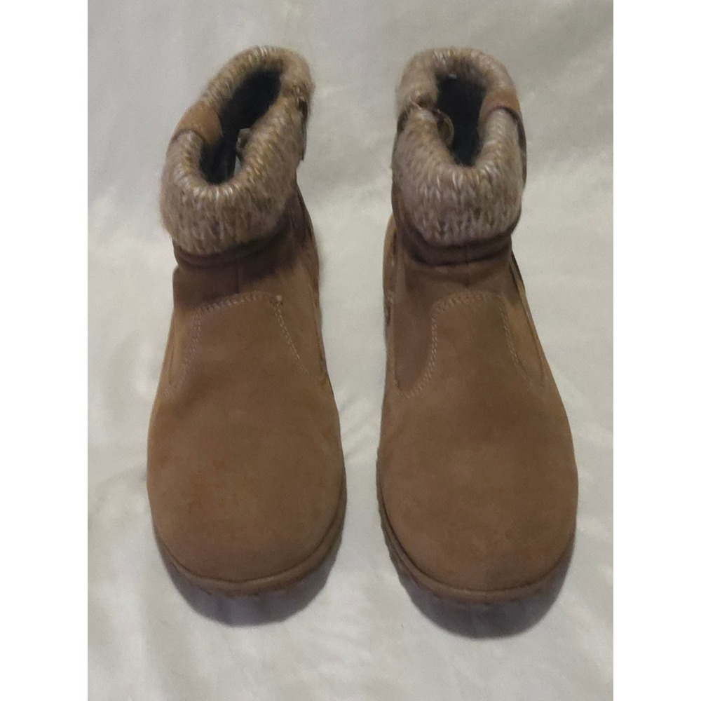 Khombu Laura Tan Leather Ankle Boots Knit Collar Faux Fur Lining Womens 8M NWOT